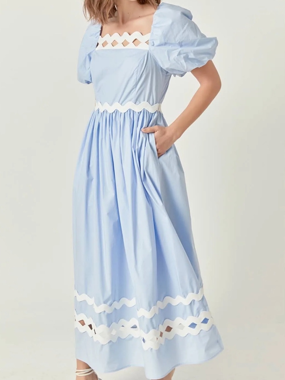 English Factory Rickrack Puff-Sleeve Midi Dress NWT S